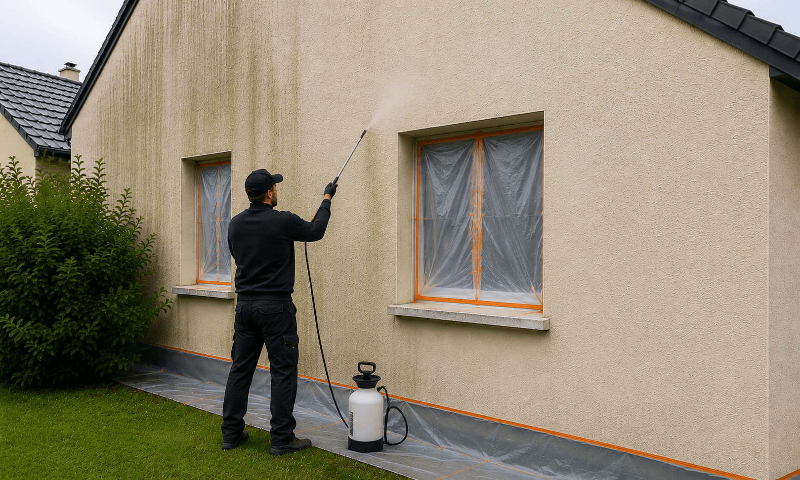 Application du traitement biocide sur une façade
