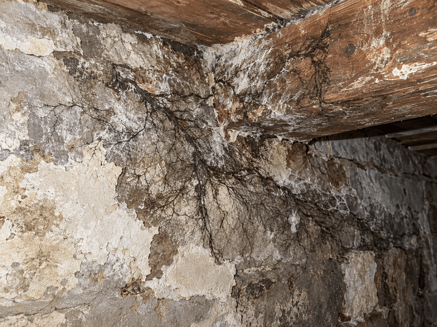 Cordons sombres et ramifiés du coniophore des caves sur un mur de cave et une poutre en bois