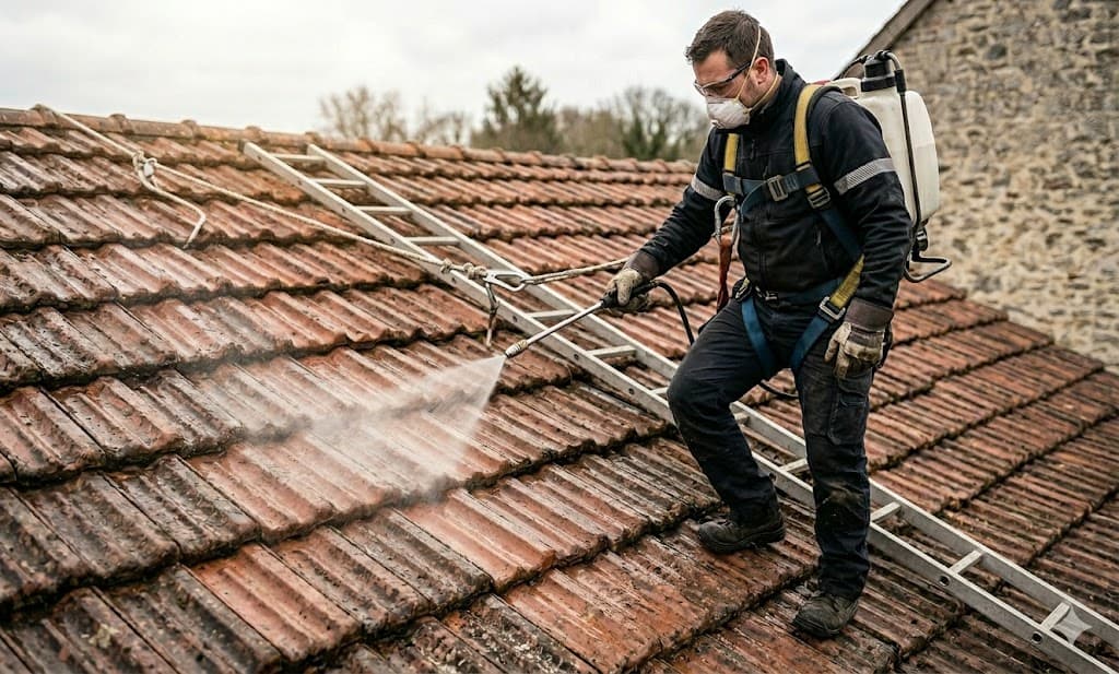 Application d’un traitement anti-mousse sur une toiture