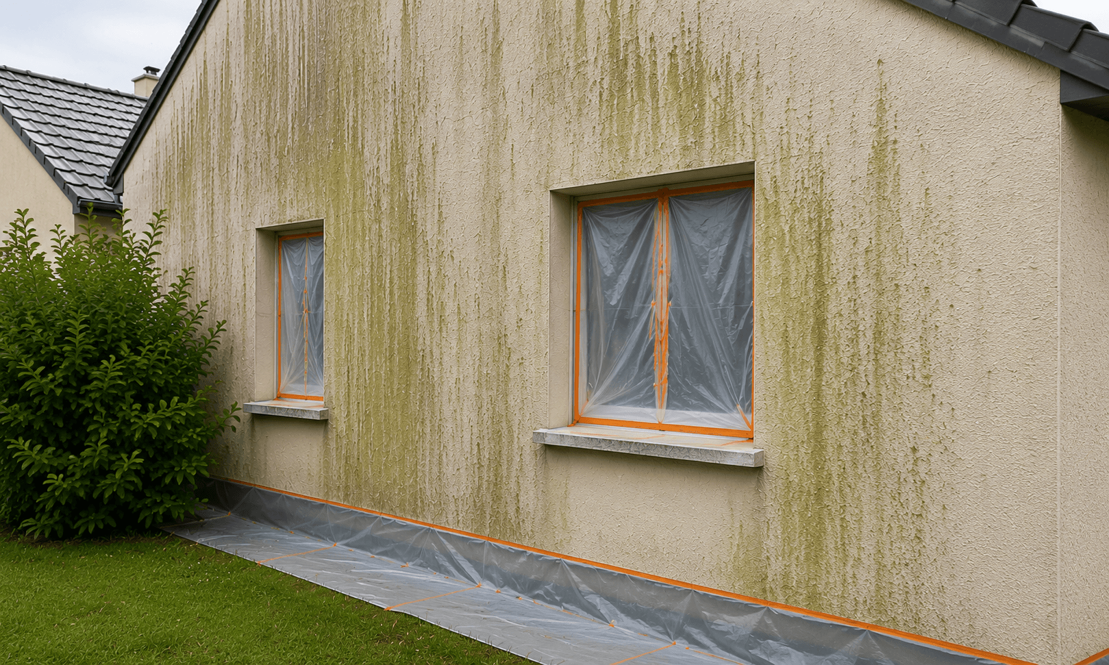 Préparation et protection du chantier avant démoussage de façade