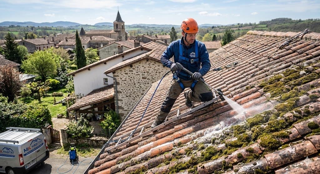 Démoussage complet d’une toiture en tuiles — après