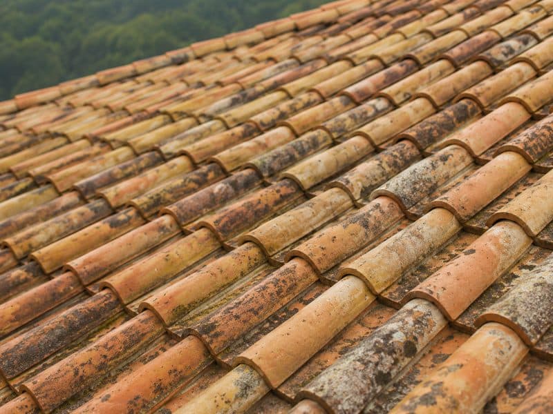 Toiture aux tuiles décolorées