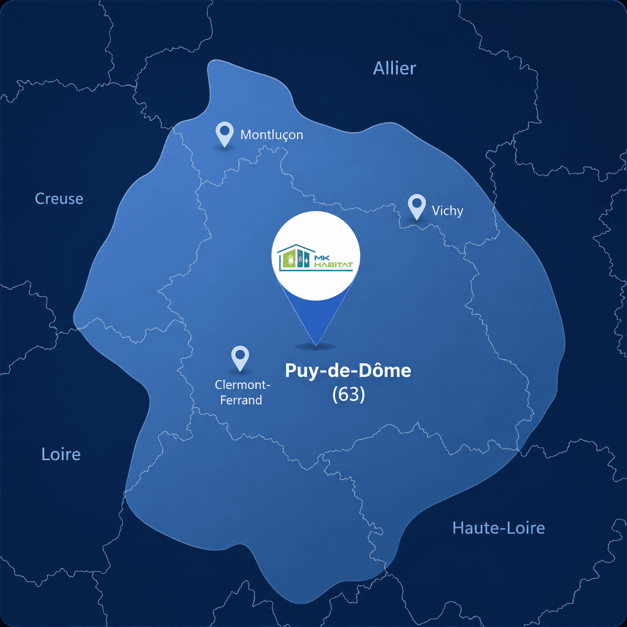 Carte de la zone d’intervention MK Habitat autour de Combronde (63460)