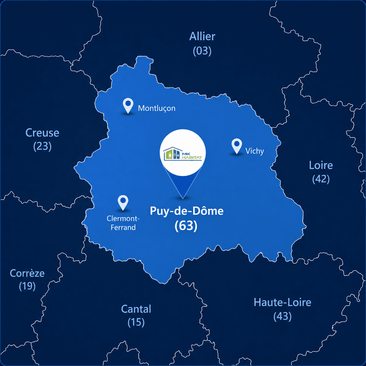 Carte de la zone d’intervention MK Habitat autour de Combronde (63460)