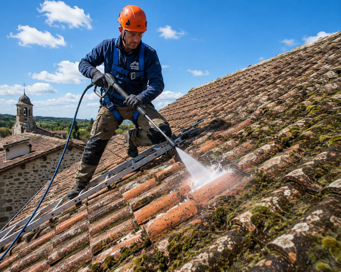 Démoussage d’une toiture par un technicien MK Habitat