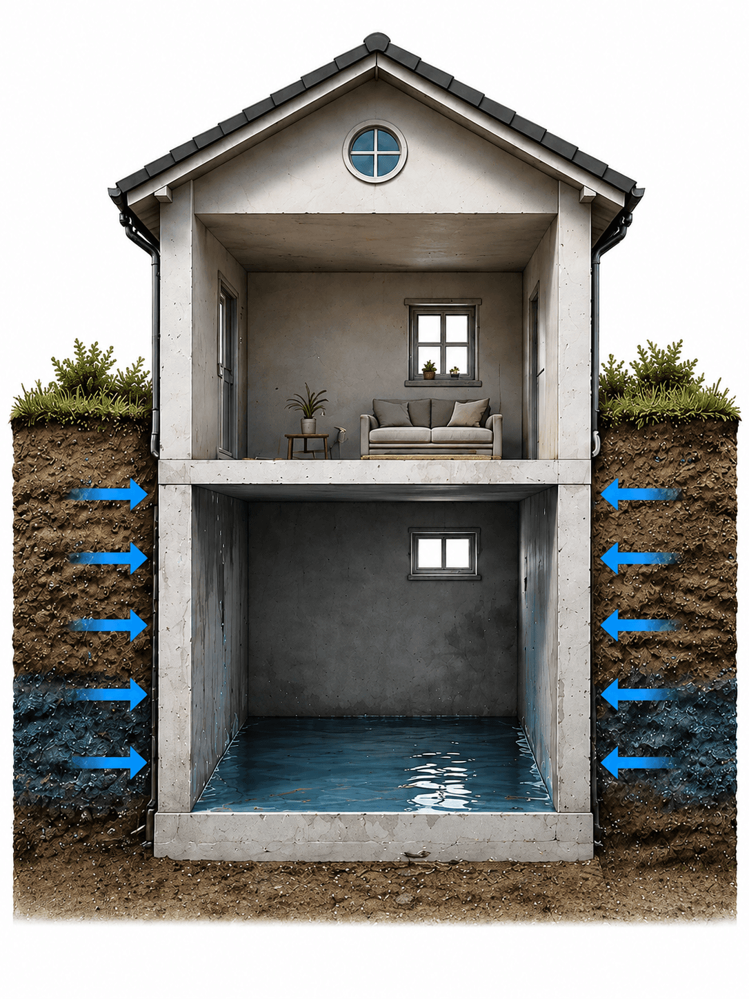 Habitation avec infiltrations d’eau et signes nécessitant un cuvelage