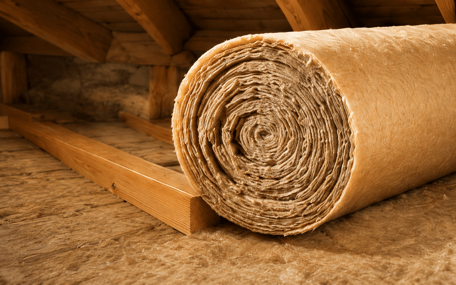 Pose de rouleaux d’isolation sur le plancher des combles